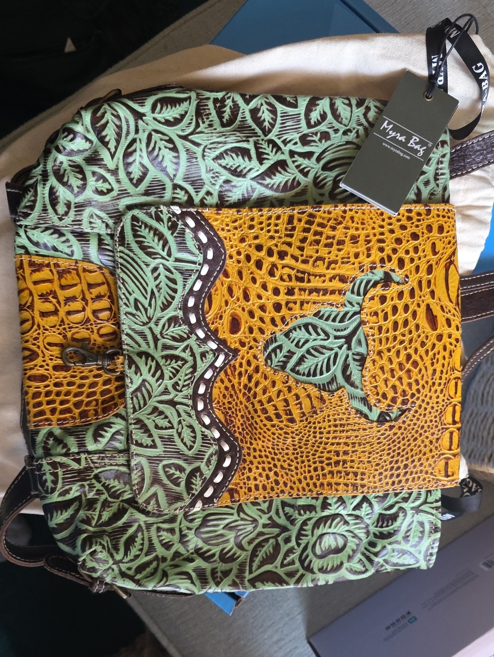 Myra Bag Green and Mustard Floral Backpack